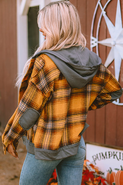 Orange Plaid Patch Hooded Frayed Snap Button Jacket