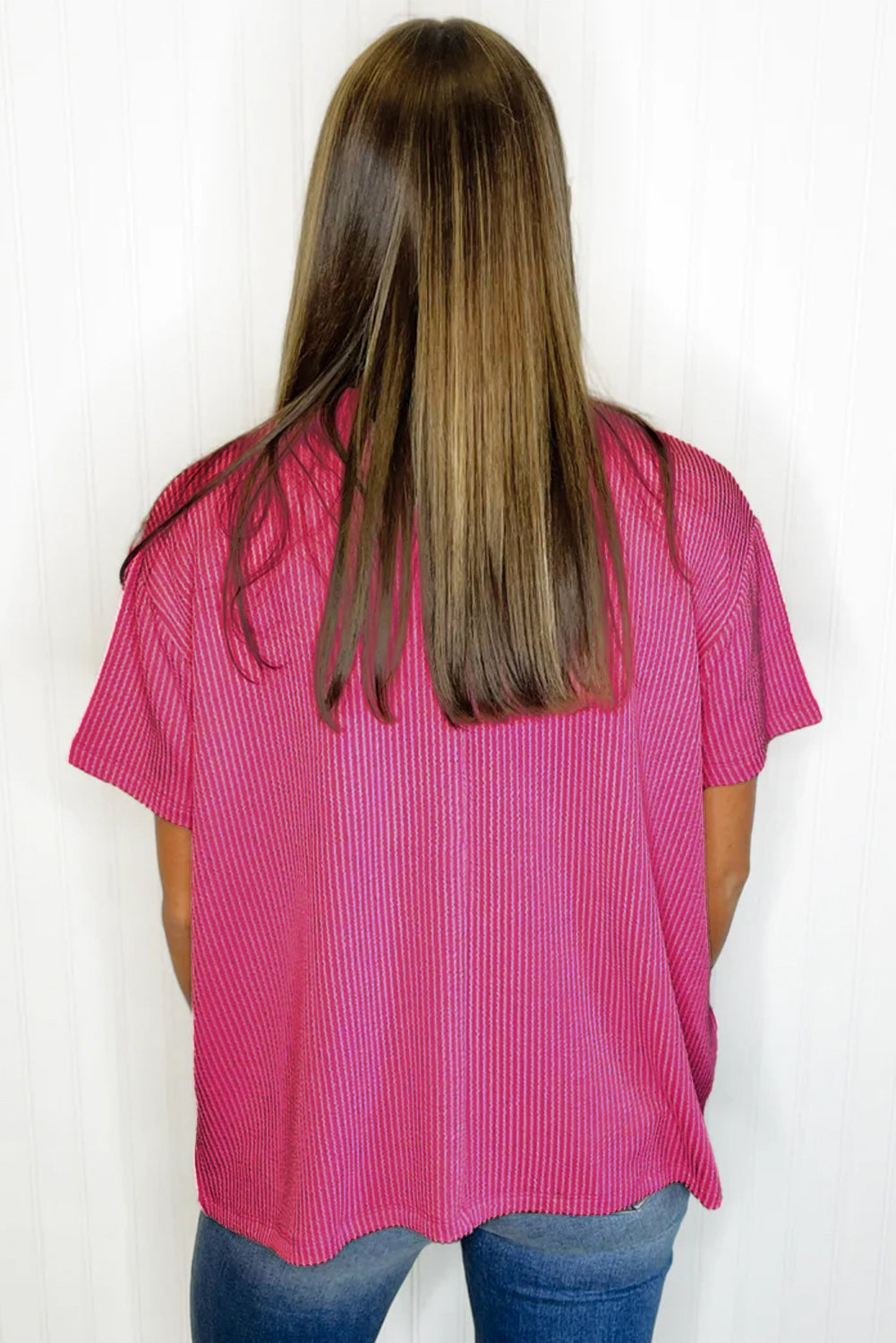 Pink Corded Knit Pocketed Loose Fit T Shirt