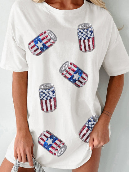 American Flag Sequin Can Oversized Graphic Tee in White