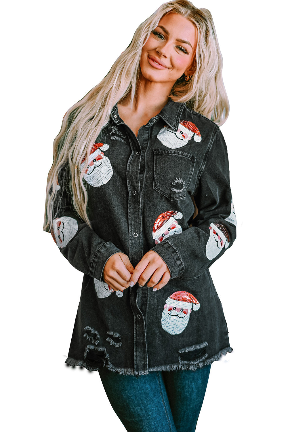 Black Sequined Santa Claus Graphic Frayed Denim Jacket