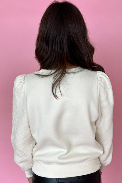 White Solid Puff Sleeve Round Neck Pullover Sweatshirt