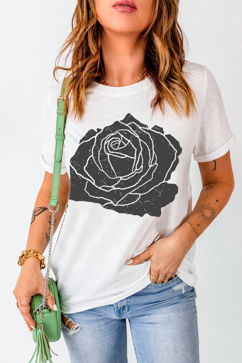 White Large Rose Print Round Neck T Shirt