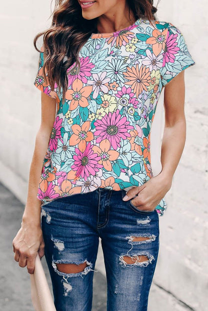 Multicolor Floral Print Asymmetric Hem Short Sleeve Top