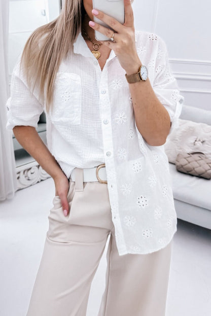 White Broidered Anglaise Crinkle Loose Shirt