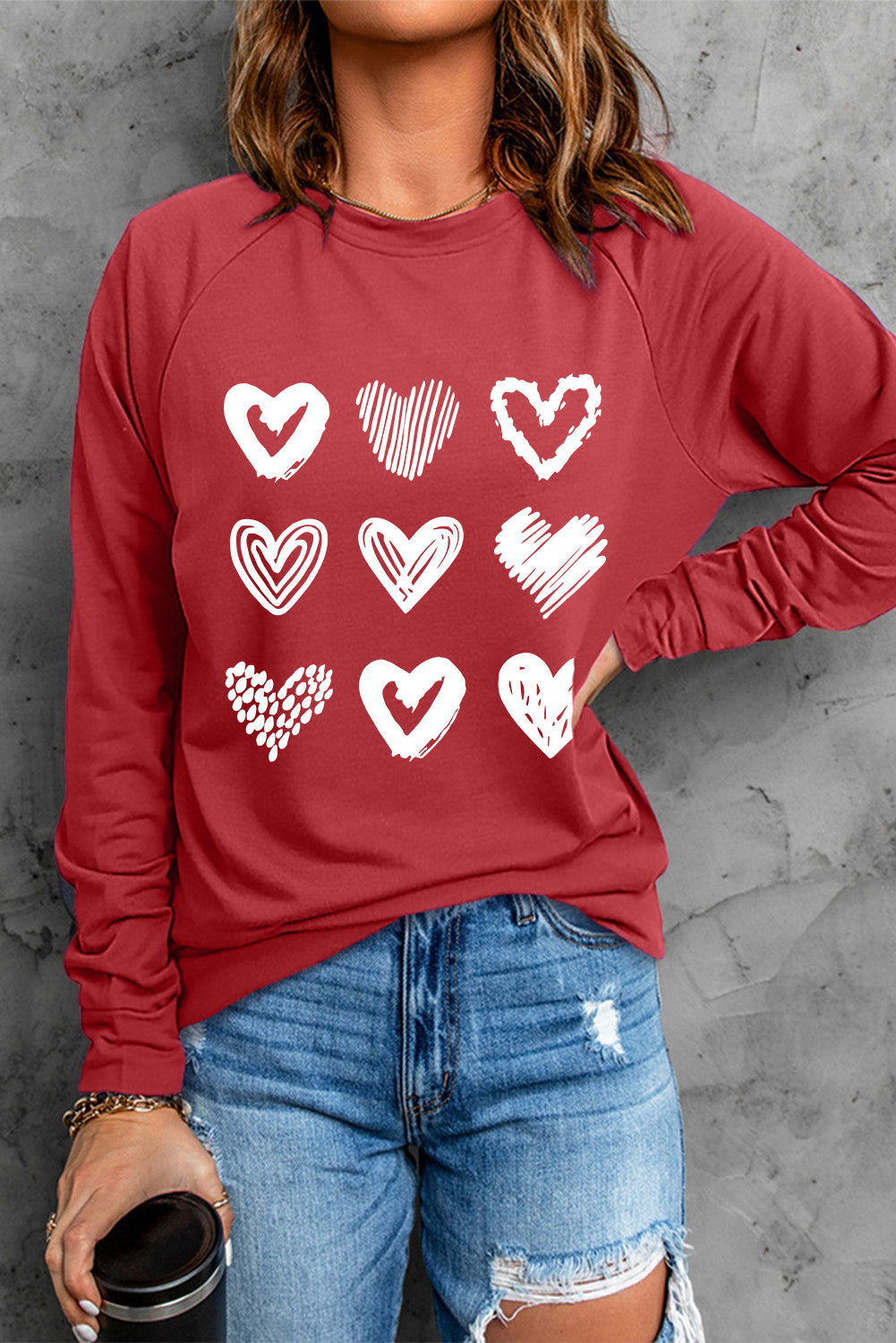 Fiery Red Hearts Print Crewneck Long Sleeve Sweatshirt