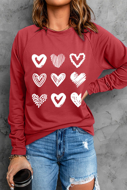 Fiery Red Hearts Print Crewneck Long Sleeve Sweatshirt