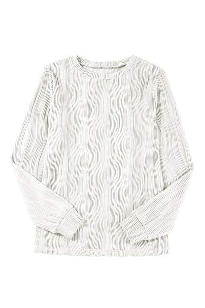 White Textured Wavy Round Neck Long Sleeve Top