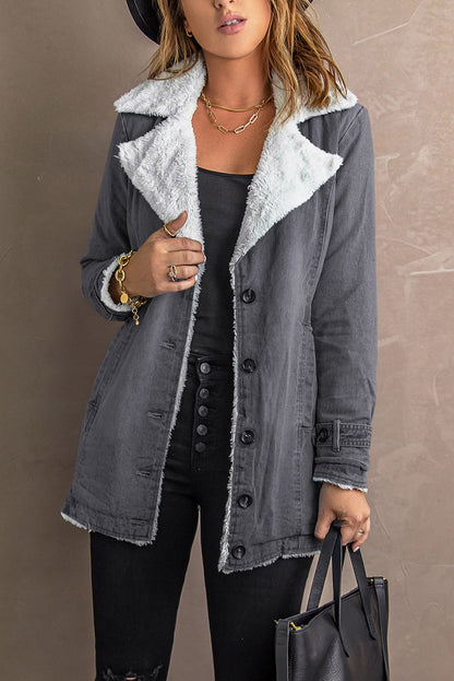 Gray Lapel Collar Button Fleece Jacket