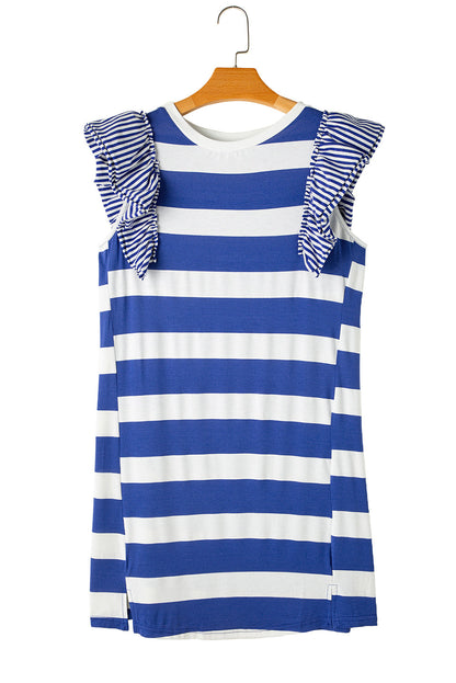 Sky Blue Stripe Contrast Ruffled Sleeve T-shirt Dress