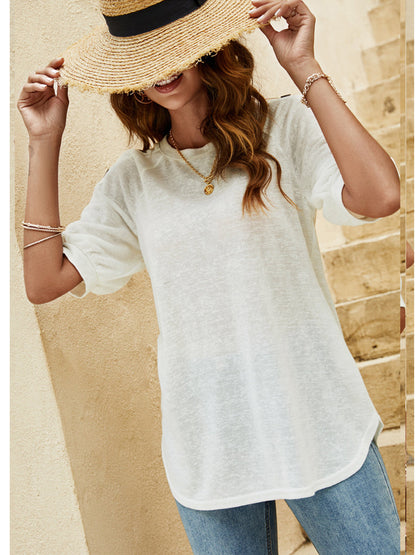 Blouses - Loose Round Neck Button Casual Half-Sleeve T-Shirt - MsDressly