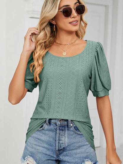 Blouses - Casual Round Neck Solid Color Hollow Loose T-Shirt - MsDressly