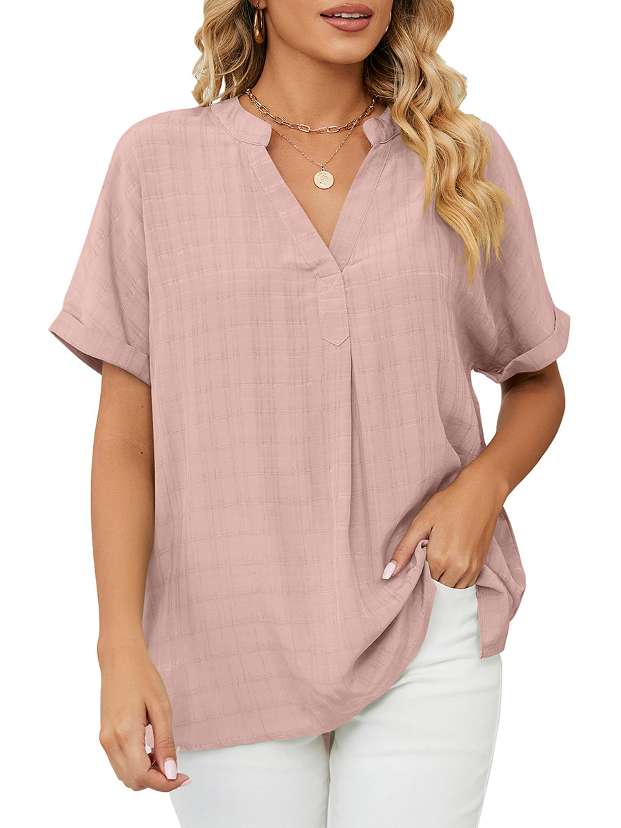 T-Shirts - Solid V-Neck Loose Short Sleeve T-Shirt - MsDressly