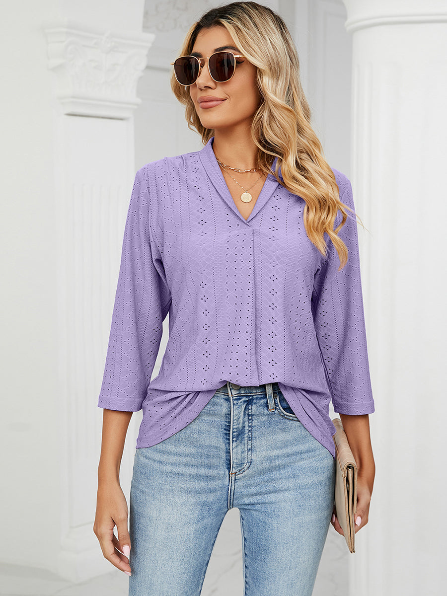 T-Shirts - V-Neck Pleated Casual Loose Medium Sleeve T-Shirt - MsDressly