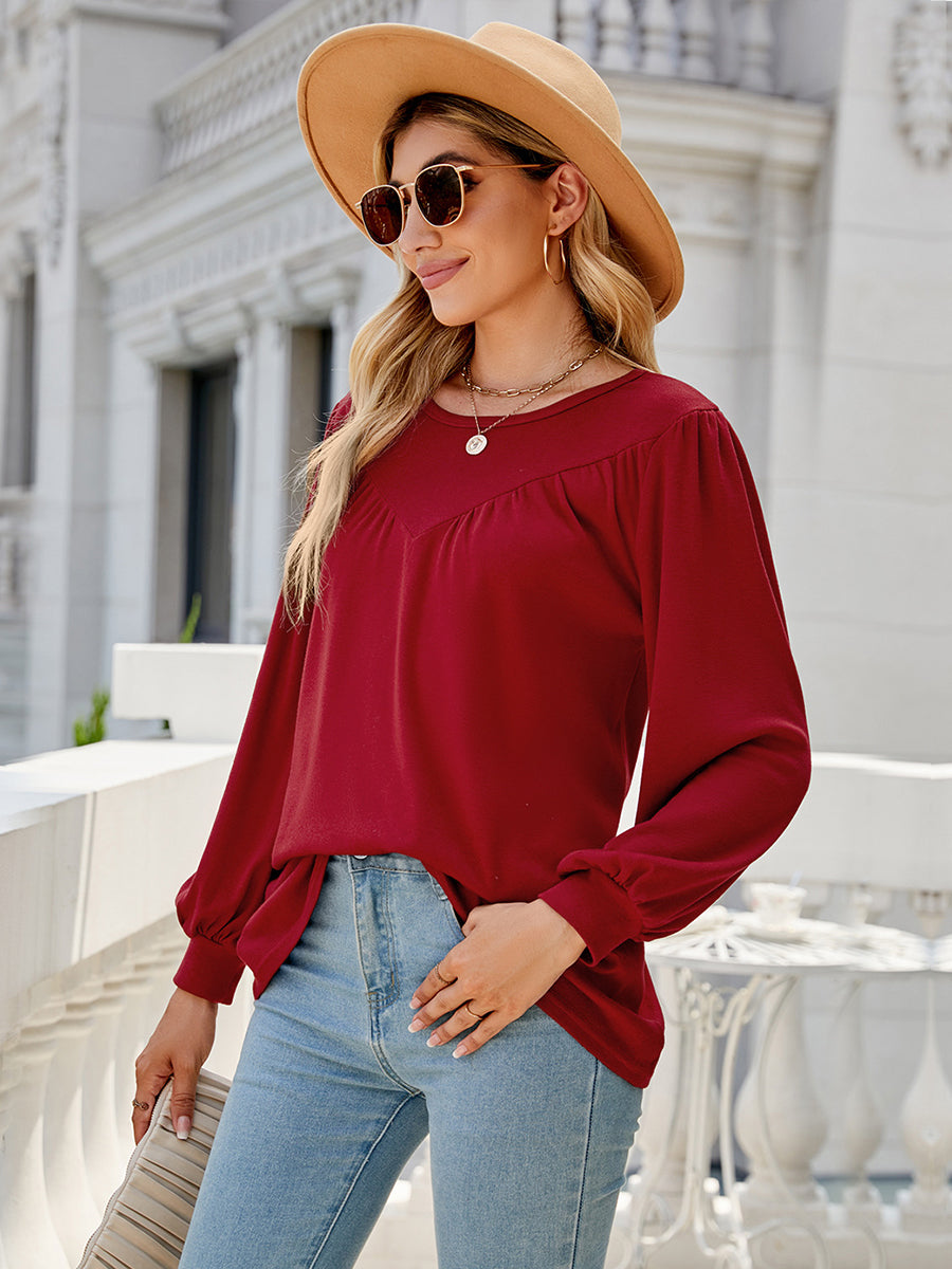 T-Shirts - Lantern Sleeve Round Neck Long Sleeve Casual T-Shirt - MsDressly