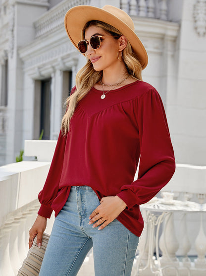 T-Shirts - Lantern Sleeve Round Neck Long Sleeve Casual T-Shirt - MsDressly