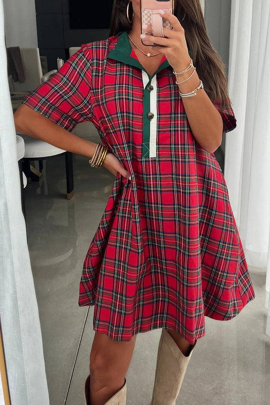 Red Christmas Plaid Striped Trim Button Neck Short Sleeve Dress