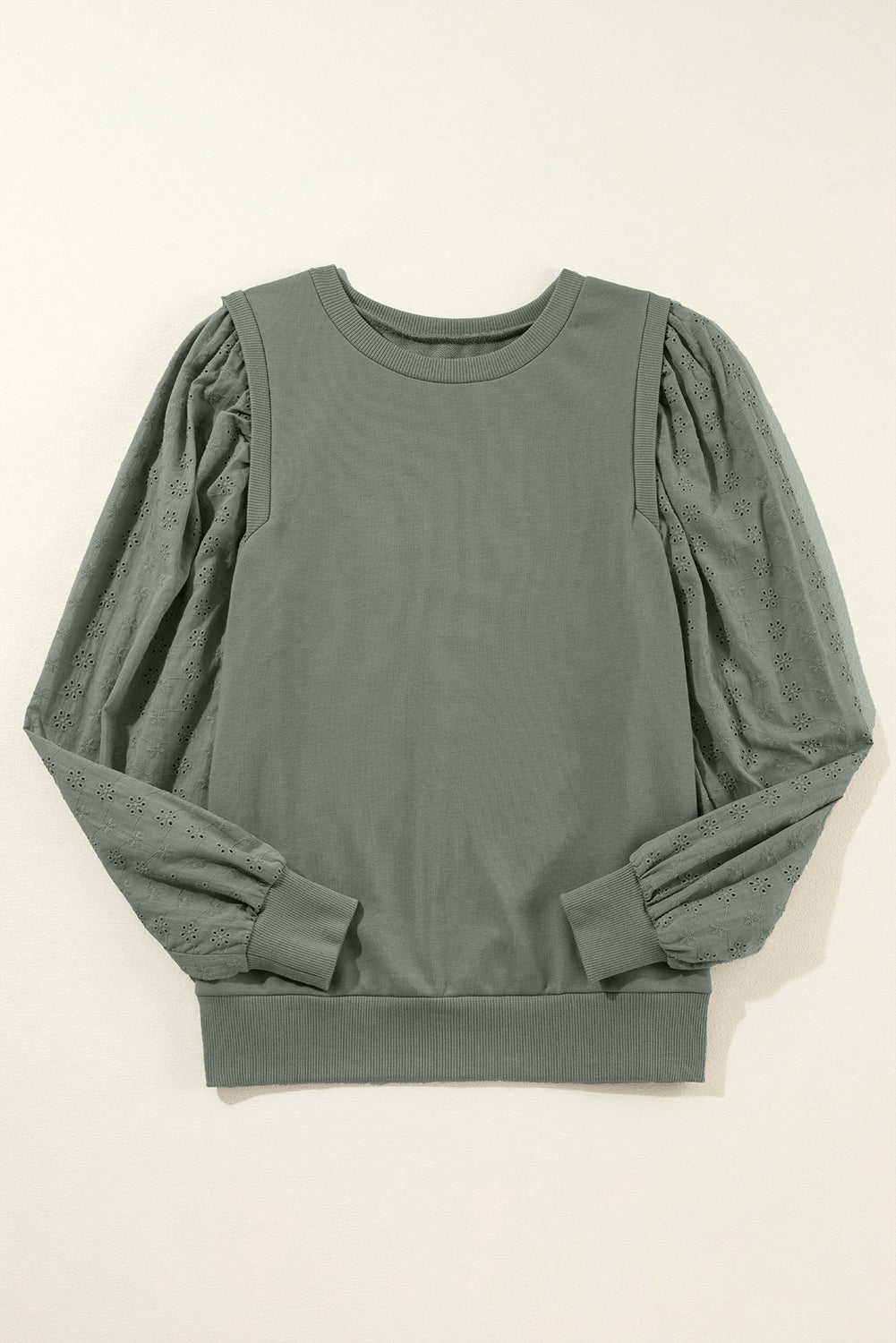 Grayish Green Textured Patchwork Round Neck Sweatshirt