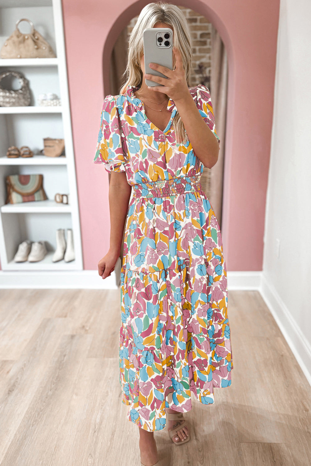 Pink Floral Short Sleeve Smocked Waist Maxi Dress