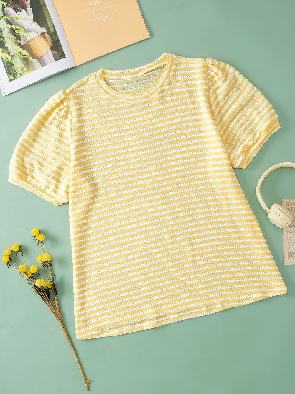 Yellow Stripe Short Puff Sleeve Plus Size Jumper