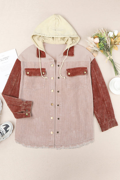 Color Block Button Down Hooded Corduroy Jacket