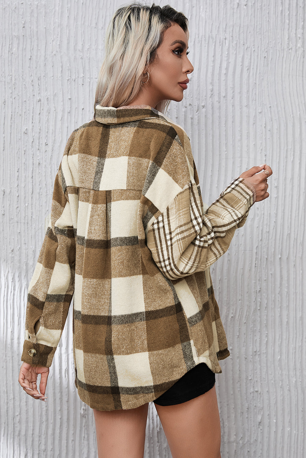 Parchment Contrast Plaid Patchwork Flap Pocket Shacket