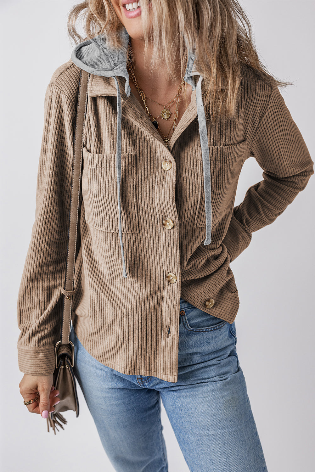 Pale Khaki Hooded Drawstring Pockets Corduroy Shacket