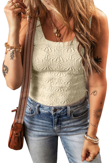 White Floral Jacquard Square Neck Tank Top