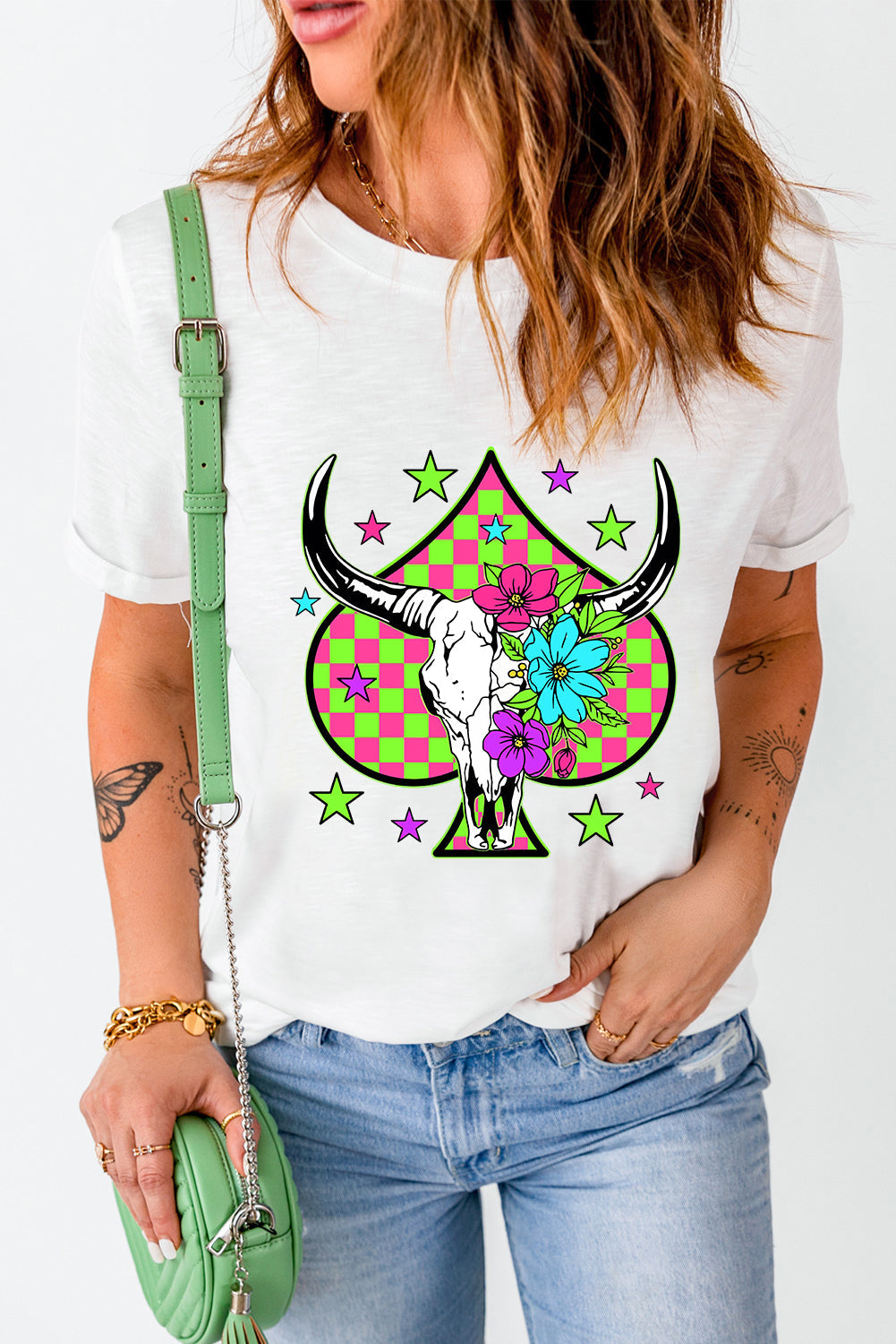 White Checkered Steer Head Spade Print Crew Neck T Shirt