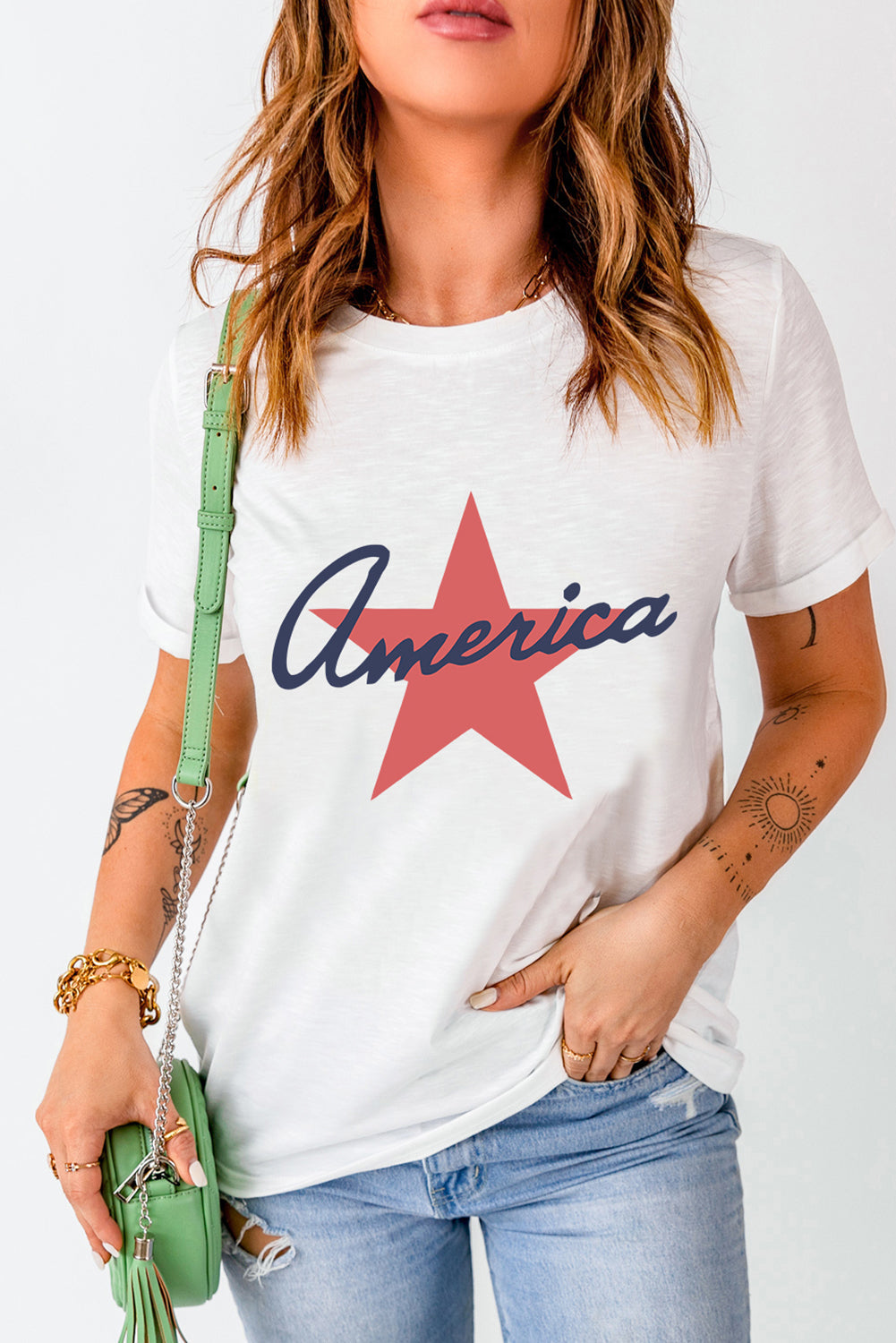 White America Star Shape Print O Neck Loose Fit T Shirt