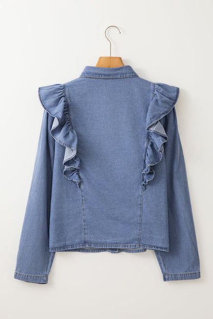 Dusk Blue Denim Ruffled Casual Top