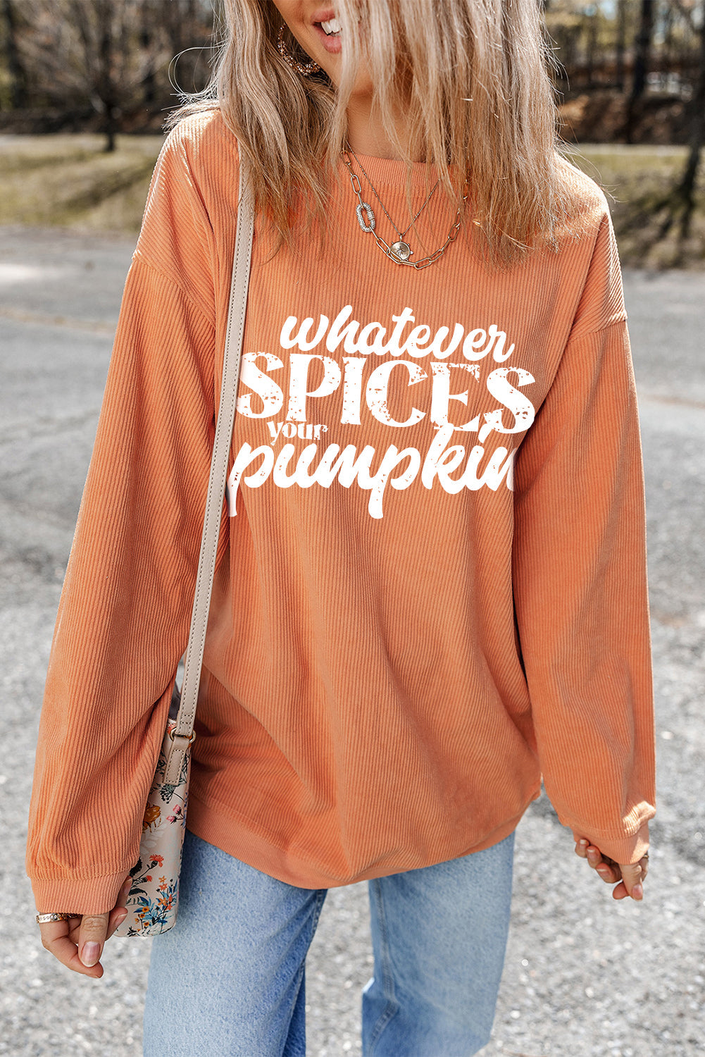 Orange Whatever Spices Your Pumpkin Graphic Corded Pullover Sweatshirt