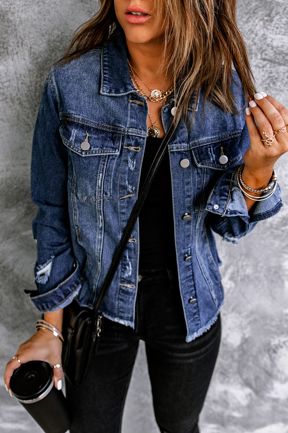 Blue Lapel Distressed Raw Hem Buttons Denim Jacket