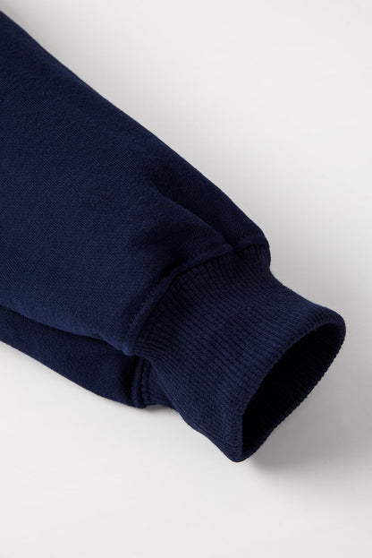 Navy Blue Solid Fleece Lined Drop Shoulder Terry Sweatshirt