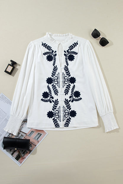 White Floral Embroidered Shirred Sleeve Elegant Shirt