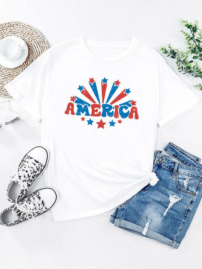 America Flag Print White Round Neck Tee