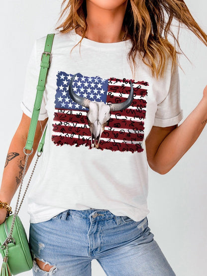 American Pride Bull Skull White Graphic Tee