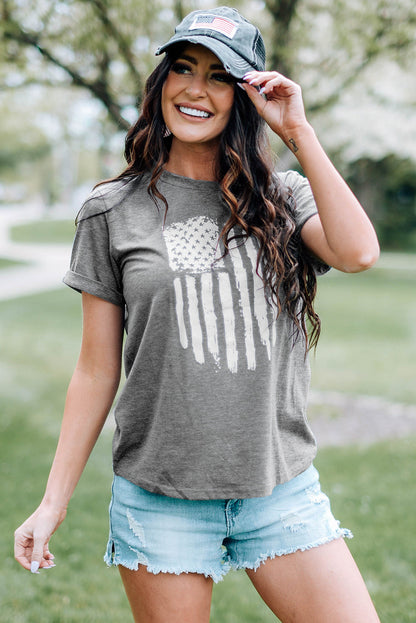 Gray America Flag Print Crewneck T-shirt