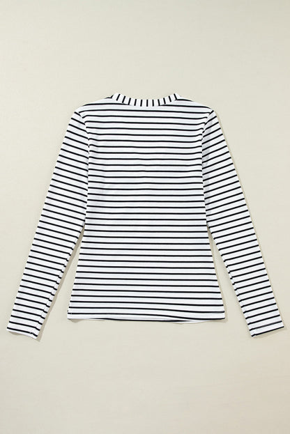 White Stripe Slim Fit Buttoned V Neck Long Sleeve T Shirt