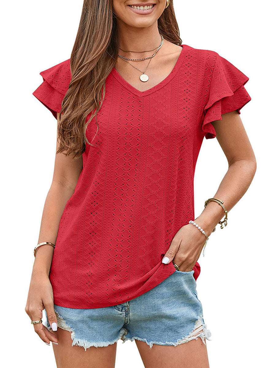 Solid Color Hollowed-Out Lotus Leaf Sleeve Casual T-Shirt