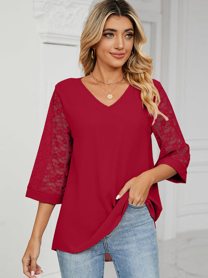 T-Shirts - Loose V-Neck Lace Patchwork T-Shirt - MsDressly