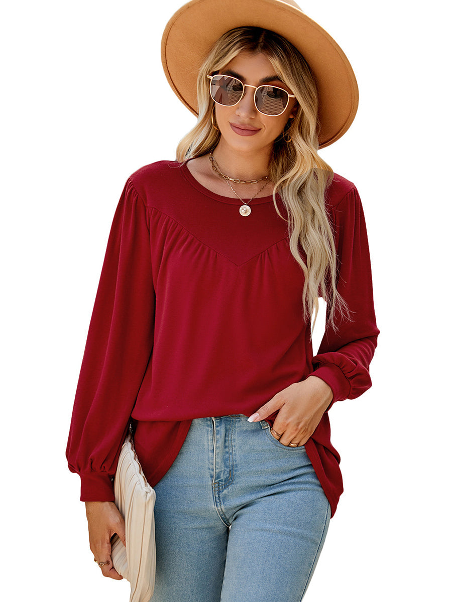 T-Shirts - Lantern Sleeve Round Neck Long Sleeve Casual T-Shirt - MsDressly