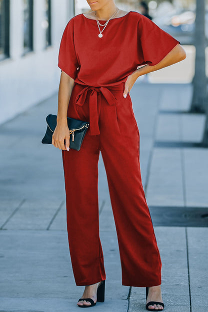 Versatile Belted Casual Jumpsuit with Long Sleeves