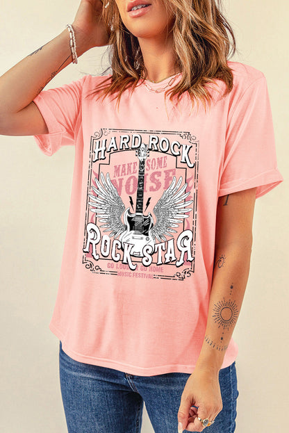 Pink Hard Rock Guitar Print Crew Neck T Shirt