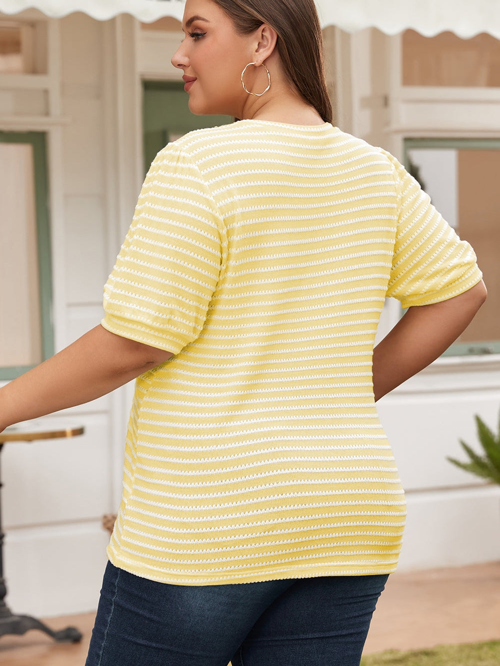 Yellow Stripe Short Puff Sleeve Plus Size Jumper