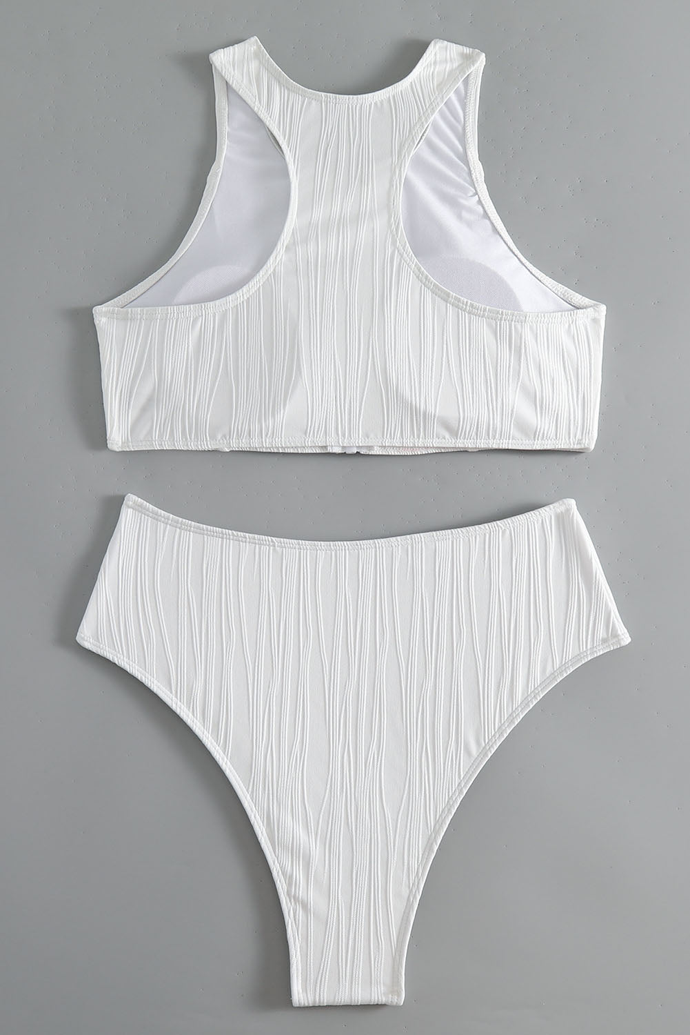 Zippered White Textured Racerback High Waisted Bikini Set