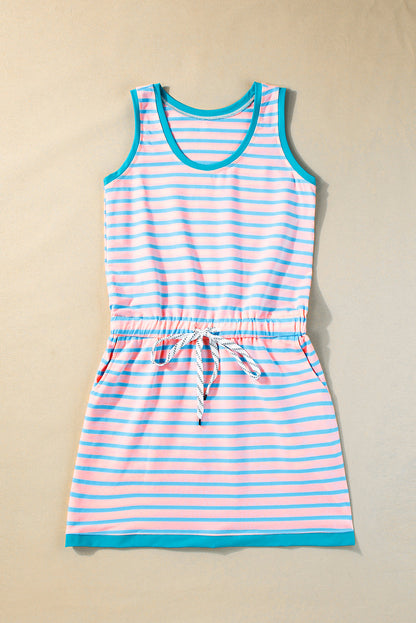 Pink Stripe Contrast Trim Pocketed Casual Tank Dress