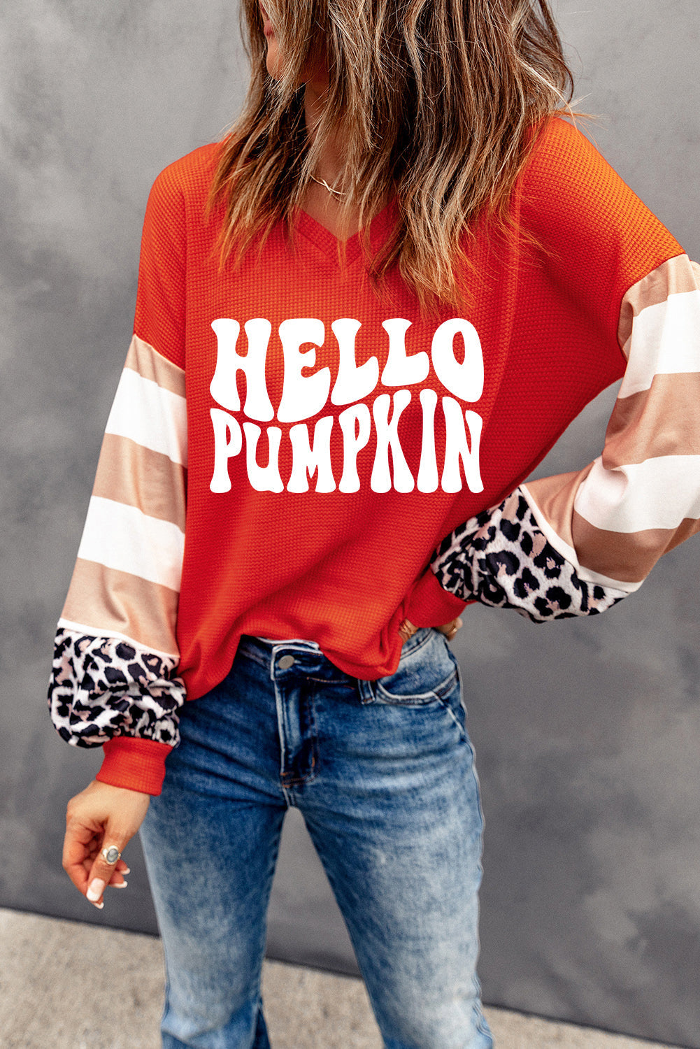 Red Hello Pumpkin Graphic Leopard Striped Colorblock Sleeve V Neck Top