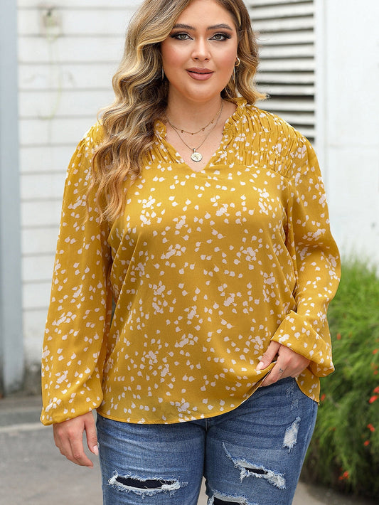 Yellow Plus Size Floral Print Ruched Split Neck Blouse