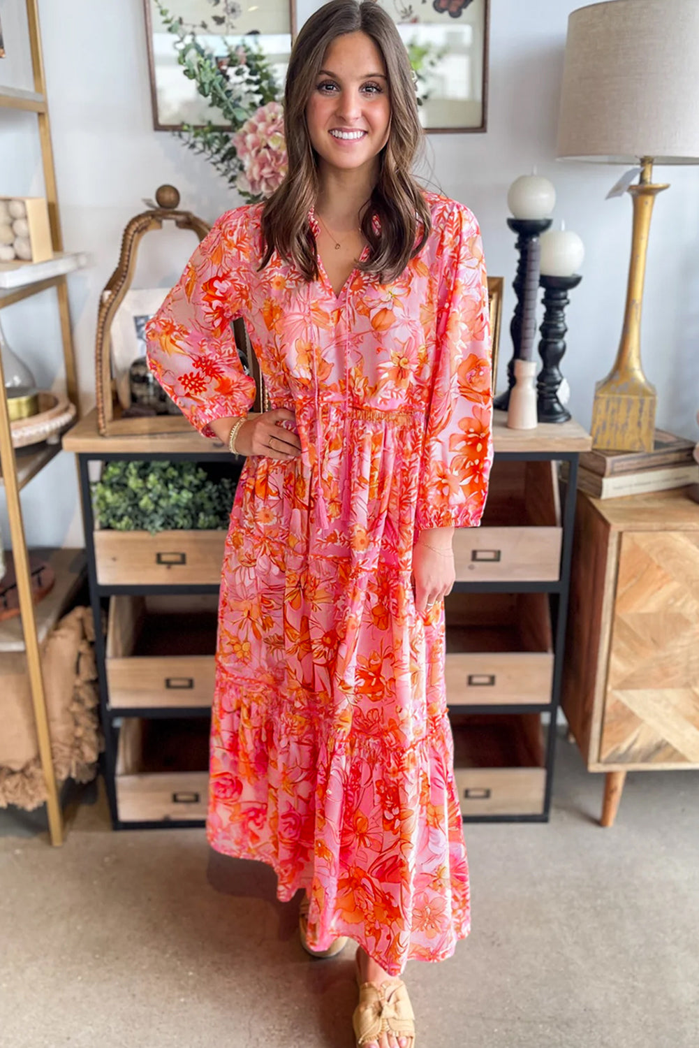 Pink Floral Long Sleeve Tassel Tied V Neck Maxi Dress