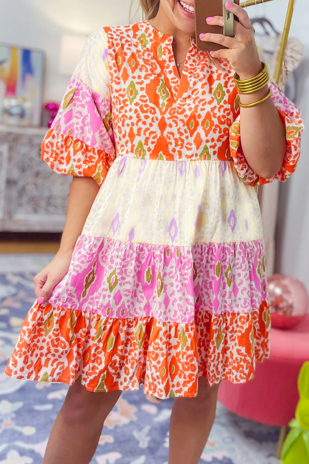 Multicolour Boho Mixed Print Half Bubble Sleeve Tiered Dress